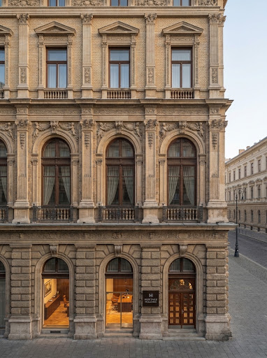 Detail of a grand historical building facade in Budapest.
