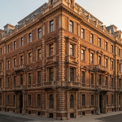 Corner view of the historic brick building at Lánchíd utca 41 in Budapest, in warm golden-hour light.