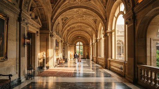 A grand classical arched hallway with high vaulted ceilings and stonework, lit by golden hour light.